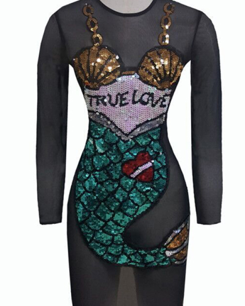 Sexy Round Neck Long Sleeves See-Through Black Gauze Mini Dress Sexy Round Neck Long Sleeves See-Through Black Gauze Mini Dress