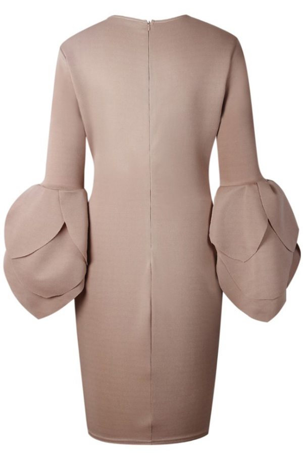 Sexy Round Neck Petal Sleeves Camel Polyester Knee Length Dress