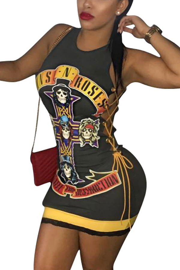 Sexy Round Neck Printed Lace-up Hollow-out Cotton Blend Sheath Mini Dress