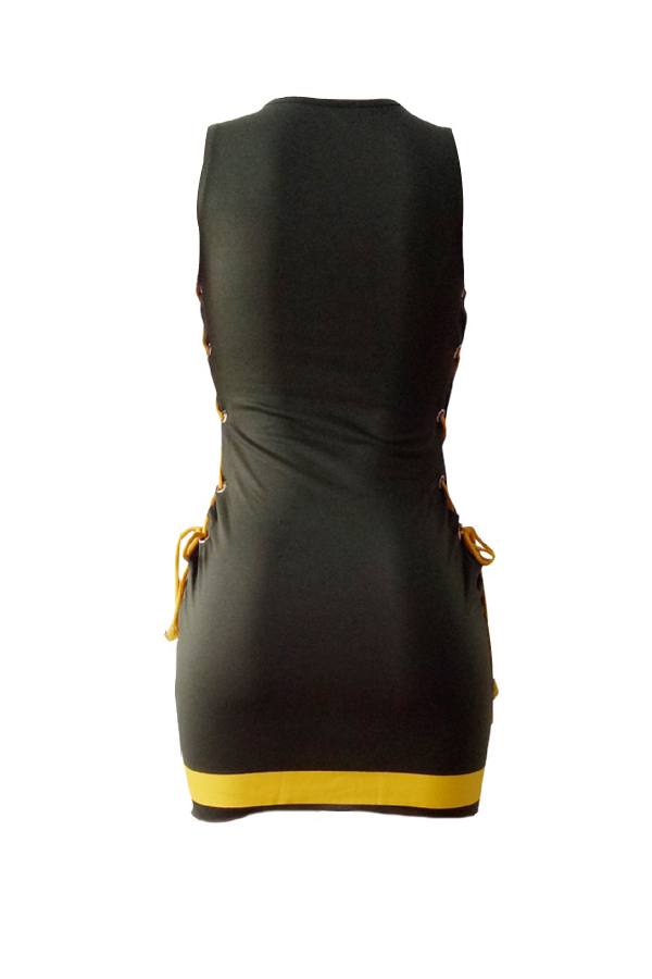 Sexy Round Neck Printed Lace-up Hollow-out Cotton Blend Sheath Mini Dress