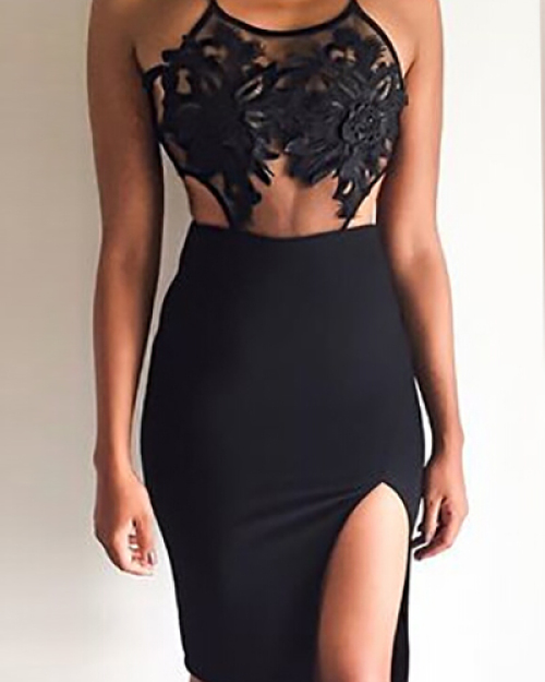 Sexy Round Neck See-Through Mesh Patchwork Black Lace Sheath Knee Length Dress Sexy Round Neck See-Through Mesh Patchwork Black Lace Sheath Knee Length Dress