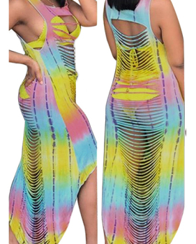 Sexy Round Neck Sleeveless Hollow-out Yellow Milk Fiber Sheath Ankle Length Dress(Non Positioning Printing)