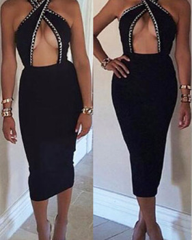 Sexy Sleeveless Hollow-out Black Polyester Sheath Knee Length Dress Sexy Sleeveless Hollow-out Black Polyester Sheath Knee Length Dress