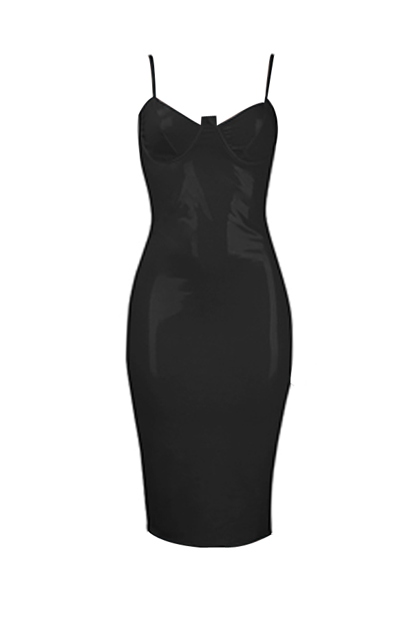 Sexy Spaghetti Strap Sleeveless Black Polyester Sheath Knee Length Dress