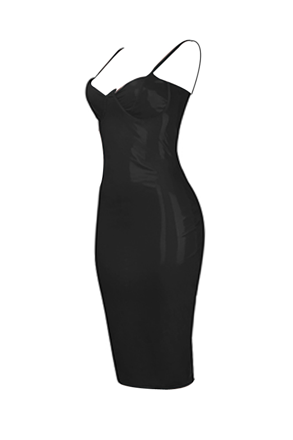 Sexy Spaghetti Strap Sleeveless Black Polyester Sheath Knee Length Dress