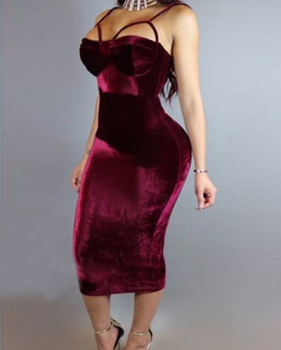 Sexy Spaghetti Straps Sleeveless Hollow-out Wine Red Velvet Sheath Mid Calf Dress Sexy Spaghetti Straps Sleeveless Hollow-out Wine Red Velvet Sheath Mid Calf Dress