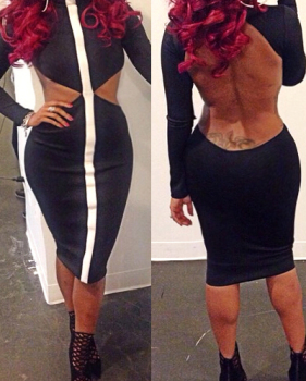 Sexy Turtleneck Long Sleeves Back Hollow-out Black Cotton Blend Sheath Knee Length Dress Sexy Turtleneck Long Sleeves Back Hollow-out Black Cotton Blend Sheath Knee Length Dress