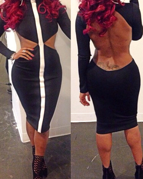 Sexy Turtleneck Long Sleeves Back Hollow-out Black Cotton Blend Sheath Knee Length Dress Sexy Turtleneck Long Sleeves Back Hollow-out Black Cotton Blend Sheath Knee Length Dress