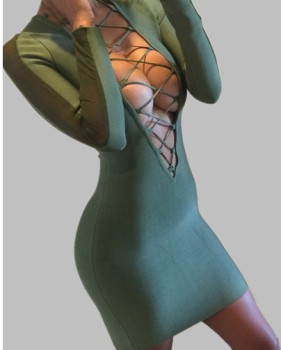 Sexy V Neck Cap Sleeve Long Sleeves Front Lace-up Hollow-out Polyester Sheath Mini Dress Sexy V Neck Cap Sleeve Long Sleeves Front Lace-up Hollow-out Polyester Sheath Mini Dress