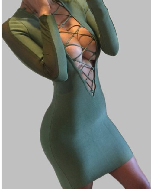 Sexy V Neck Cap Sleeve Long Sleeves Front Lace-up Hollow-out Polyester Sheath Mini Dress Sexy V Neck Cap Sleeve Long Sleeves Front Lace-up Hollow-out Polyester Sheath Mini Dress