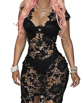 Sexy V Neck Cap Sleeves See-Through Black Lace Sheath Knee Length Dress Sexy V Neck Cap Sleeves See-Through Black Lace Sheath Knee Length Dress