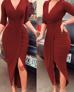 Sexy V Neck Half Sleeves Asymmetrical Red Polyester Sheath Mid Calf Dress Sexy V Neck Half Sleeves Asymmetrical Red Polyester Sheath Mid Calf Dress