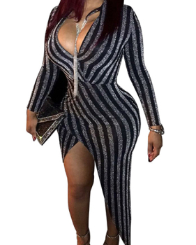 Sexy V Neck Long Sleeve Asymmetrical Blending Ankle Length Dress Sexy V Neck Long Sleeve Asymmetrical Blending Ankle Length Dress