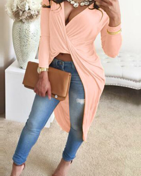 Sexy V Neck Long Sleeves Asymmetrical Pink Polyester Dress Sexy V Neck Long Sleeves Asymmetrical Pink Polyester Dress