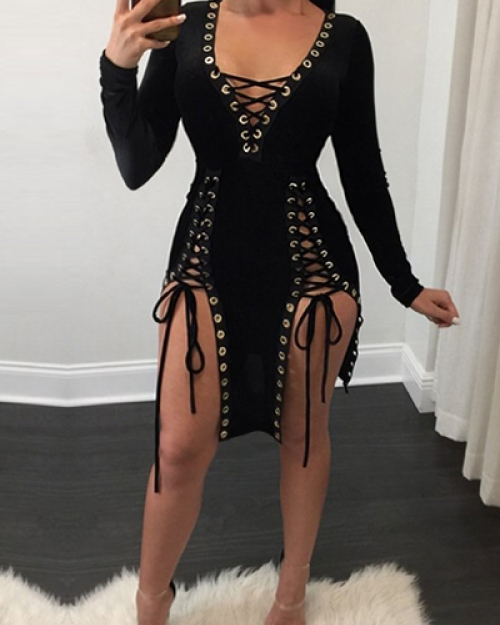 Sexy V Neck Long Sleeves Lace-up Hollow-out Black Healthy Fabric Mini Dress Sexy V Neck Long Sleeves Lace-up Hollow-out Black Healthy Fabric Mini Dress
