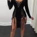 Sexy V Neck Long Sleeves Lace-up Hollow-out Black Healthy Fabric Mini Dress Sexy V Neck Long Sleeves Lace-up Hollow-out Black Healthy Fabric Mini Dress