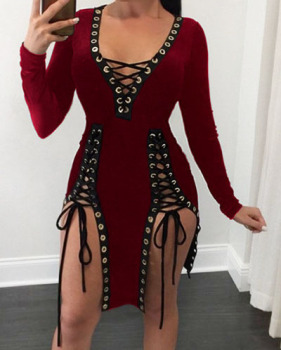 Sexy V Neck Long Sleeves Lace-up Hollow-out Wine Red Healthy Fabric Mini Dress Sexy V Neck Long Sleeves Lace-up Hollow-out Wine Red Healthy Fabric Mini Dress