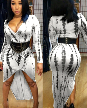 Sexy V Neck Long Sleeves Print White Cotton Blend Ankle Length Dress(Without Belt) Sexy V Neck Long Sleeves Print White Cotton Blend Ankle Length Dress(Without Belt)