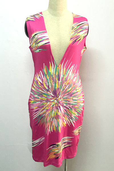 Sexy V Neck Print Sleeveless Rosy Polyester Sheath Knee Length Women Dress