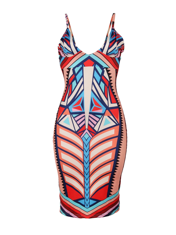 Sexy V Neck Printed Milk Fiber Sheath Knee Length Dress