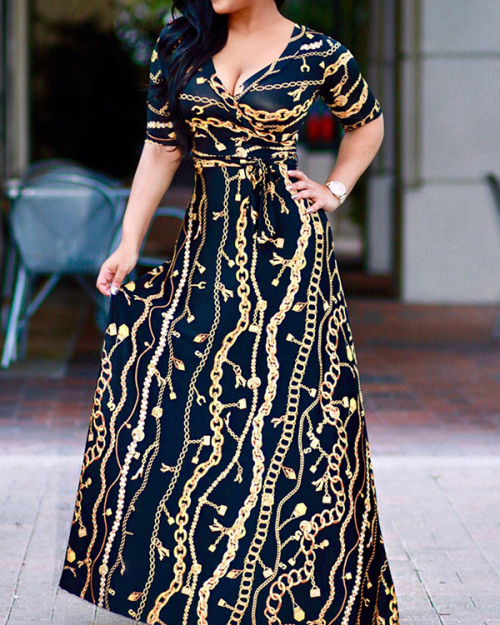 Sexy V Neck Short Sleeves Printed Milk Fiber Ankle Length Dress Sexy V Neck Short Sleeves Printed Milk Fiber Ankle Length Dress