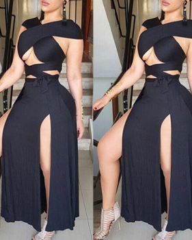 Sexy V Neck Sleeveless Bandage High Split Black Qmilch Ankle Length Dress Sexy V Neck Sleeveless Bandage High Split Black Qmilch Ankle Length Dress