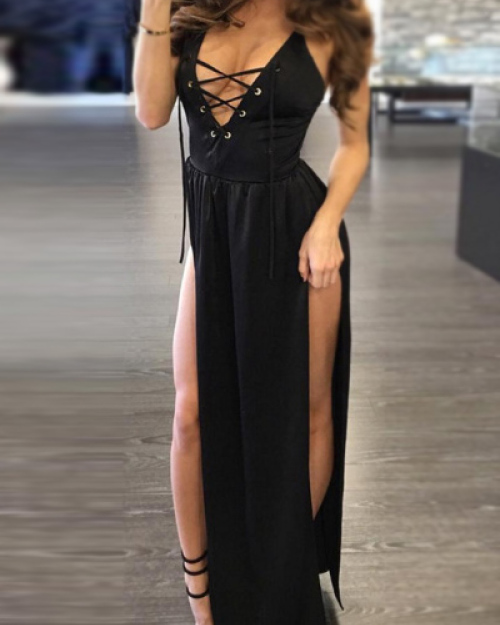 Sexy V Neck Sleeveless High Split Black Polyester Ankle Length Dress Sexy V Neck Sleeveless High Split Black Polyester Ankle Length Dress