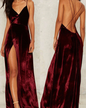 Sexy V Neck Spaghetti Strap Sleeveless High Split Wine Red Velvet Floor length Dress Sexy V Neck Spaghetti Strap Sleeveless High Split Wine Red Velvet Floor length Dress