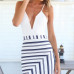 Sexy V Neck Spaghetti Strap Sleeveless Lace Patchwork Stripped White Sheath Mini Dress