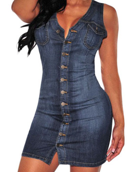 Sexy V Neck Spaghetti Strap Sleeveless Single-breasted Design Blue Polyester Sheath Mini Dress Sexy V Neck Spaghetti Strap Sleeveless Single-breasted Design Blue Polyester Sheath Mini Dress