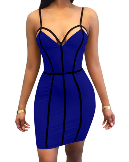 Sexy V Neck Striped Hollow-out Royalblue Milk Fiber Sheath Mini Dress Sexy V Neck Striped Hollow-out Royalblue Milk Fiber Sheath Mini Dress