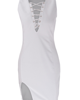 Sexy V Neck Tank Sleeveless Split Front Lace-up White Cotton Blend Sheath Knee Length Dress Sexy V Neck Tank Sleeveless Split Front Lace-up White Cotton Blend Sheath Knee Length Dress