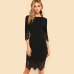 Sheinside Black Pencil Dress Women Half Sleeve Zip Back Hollow Out Bodycon Midi Dress Ladies Elegant Midi Party Dress