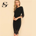 Sheinside Black Pencil Dress Women Half Sleeve Zip Back Hollow Out Bodycon Midi Dress Ladies Elegant Midi Party Dress