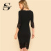 Sheinside Black Pencil Dress Women Half Sleeve Zip Back Hollow Out Bodycon Midi Dress Ladies Elegant Midi Party Dress