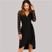 Sheinside Black V Neck Lace Wrap Dress Women Summer Party Sexy Ladies Dresses 2018 Womens Clothing Elegant Long Sleeve Dress