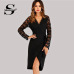 Sheinside Black V Neck Lace Wrap Dress Women Summer Party Sexy Ladies Dresses 2018 Womens Clothing Elegant Long Sleeve Dress