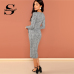 Sheinside Black and White Office Ruffle Detail Split Plaid Dress Elegant Sheath Long Sleeve Slim Dresses Women Work Midi Dresses