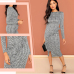 Sheinside Black and White Office Ruffle Detail Split Plaid Dress Elegant Sheath Long Sleeve Slim Dresses Women Work Midi Dresses