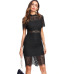 Sheinside Bodycon Party Dress Black Stand Collar Short Sleeve Eyelash Lace Dress Women Elegant Scallop Trim Midi Sexy Dress