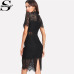 Sheinside Bodycon Party Dress Black Stand Collar Short Sleeve Eyelash Lace Dress Women Elegant Scallop Trim Midi Sexy Dress