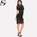 Sheinside Bodycon Party Dress Black Stand Collar Short Sleeve Eyelash Lace Dress Women Elegant Scallop Trim Midi Sexy Dress