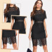 Sheinside Bodycon Party Dress Black Stand Collar Short Sleeve Eyelash Lace Dress Women Elegant Scallop Trim Midi Sexy Dress