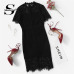 Sheinside Bodycon Party Dress Black Stand Collar Short Sleeve Eyelash Lace Dress Women Elegant Scallop Trim Midi Sexy Dress