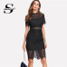 Sheinside Bodycon Party Dress Black Stand Collar Short Sleeve Eyelash Lace Dress Women Elegant Scallop Trim Midi Sexy Dress