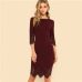 Sheinside Burgundy Elegant Bodycon Dress Women Knee Length 3/4 Sleeve Scallop Laser Cut Zip Back Pencil Ladies Party Dress