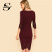 Sheinside Burgundy Elegant Bodycon Dress Women Knee Length 3/4 Sleeve Scallop Laser Cut Zip Back Pencil Ladies Party Dress