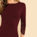 Sheinside Burgundy Elegant Bodycon Dress Women Knee Length 3/4 Sleeve Scallop Laser Cut Zip Back Pencil Ladies Party Dress