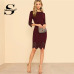 Sheinside Burgundy Elegant Bodycon Dress Women Knee Length 3/4 Sleeve Scallop Laser Cut Zip Back Pencil Ladies Party Dress