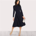 Sheinside Navy Mock Neck Fit and Flare Dress Women Long Sleeve Party Dresses Fall Office Ladies High Waist Elegant Midi Dress